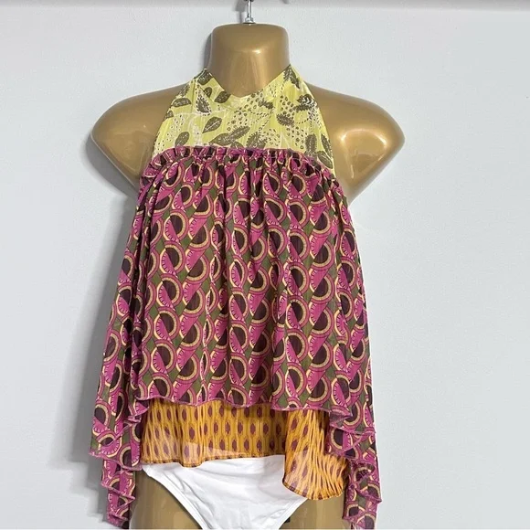 Zara Mixed Print Halter Top – Boho Sleeveless Blouse XS Layered - Picture 5 of 9